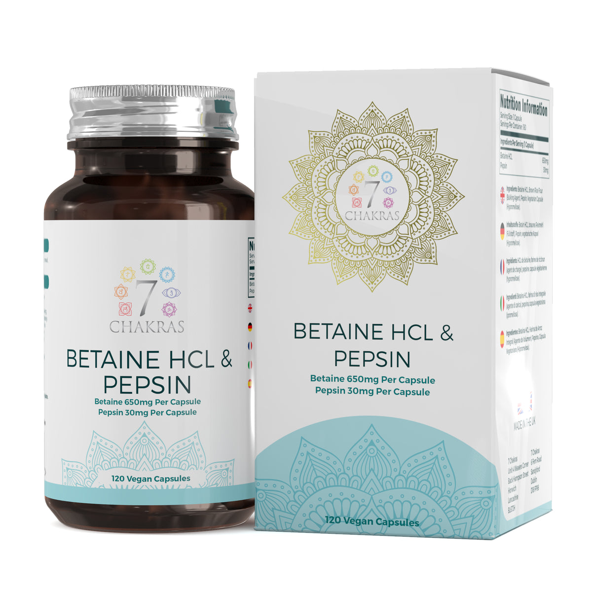 7 Chakras Betaine HCL & Pepsin 650mg Capsules For Digestive Health