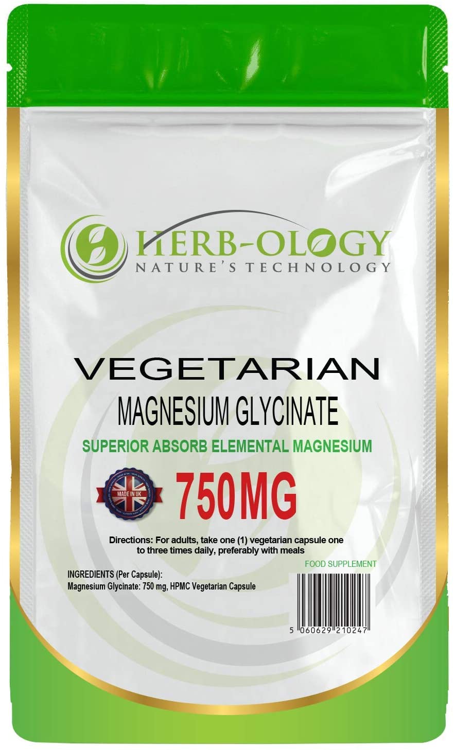Herb-ology Magnesium Glycinate 750mg Vegan Capsules For Magnesium Deficiency