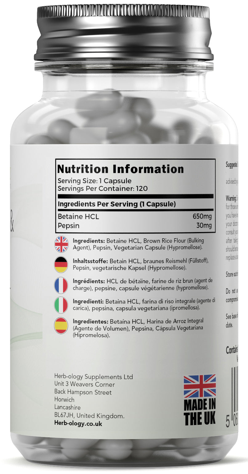 Bétaïne HCL + Pepsine 680mg - 120 Gélules Végétaliennes - Complément Digestion - Fabriqué Au Royaume-Uni